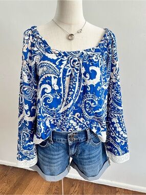 Nicole Miller New York Blue Paisley Boho Peasant Blouse Lace Trim Tie Neck Top L